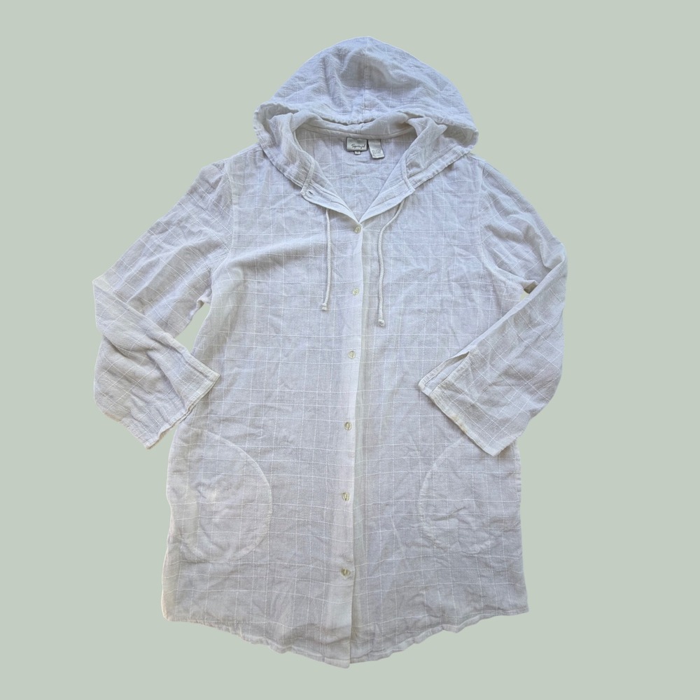 Spiegel White Cotton Gauze Hooded Tunic Button Front Beach Cover Up Womens 1X